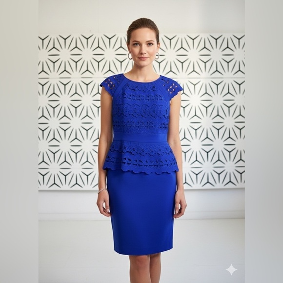 ANTONIO MELANI Dresses & Skirts - Antonio Melani Cobalt Blue Cocktail Dress w/ Laser Cutouts & Cap Sleeves – Sz 10